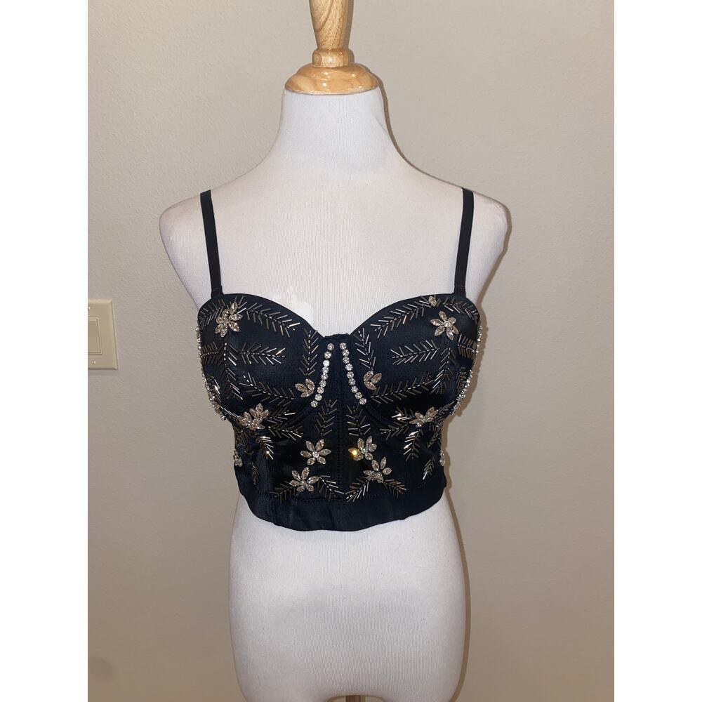 Anewsta Bustier Top Spaghetti Straps Crop Beaded Crystal Black Size Large